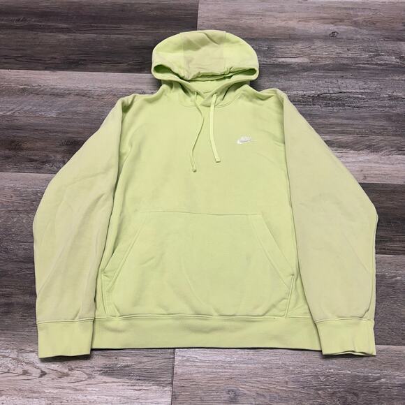 Nike Lime Mens Large Club Fleece Swoosh Logo‎ Kangaroo Pocket Hooded Sweatshirt - Picture 1 of 8
